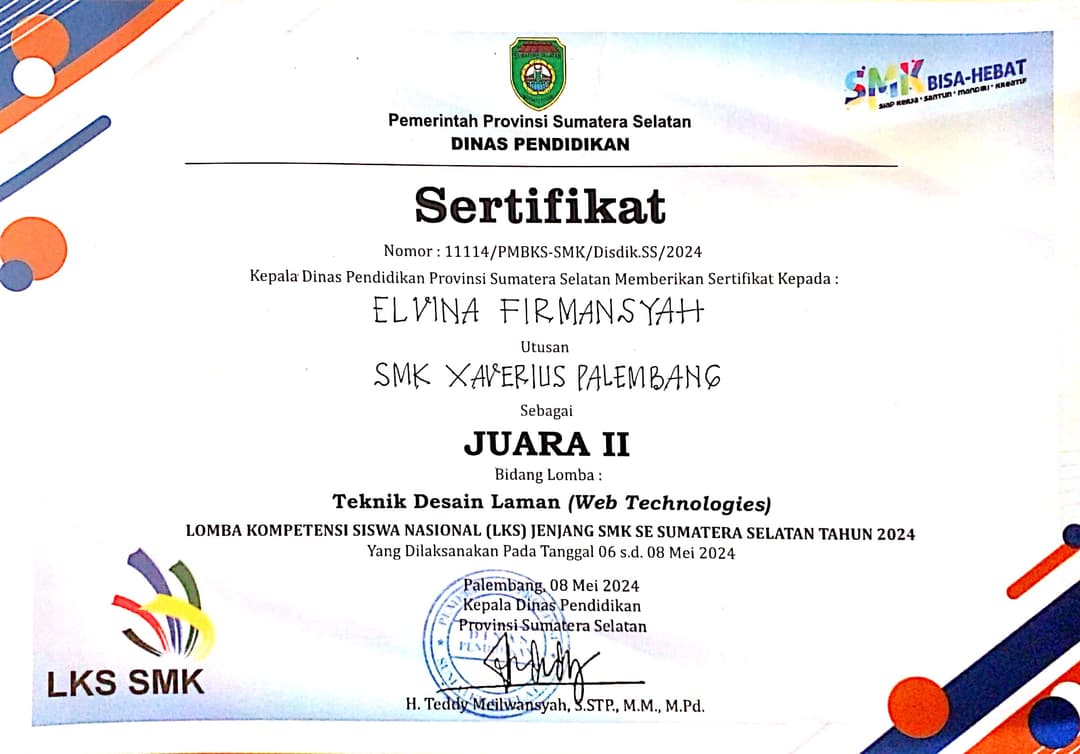 2nd Place in the South Sumatra Provincial Student Skills Competition (LKS) 2024 - Web Technology