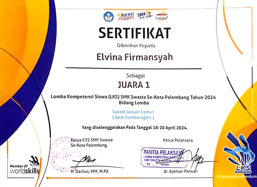 1st Place in the Palembang City Student Skills Competition (LKS) 2024 - Web Technology