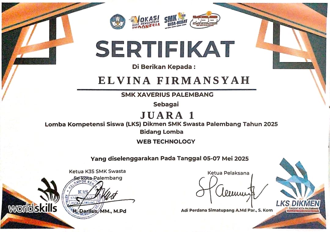 1st Place in the Palembang City Student Skills Competition (LKS) 2025 - Web Technology
