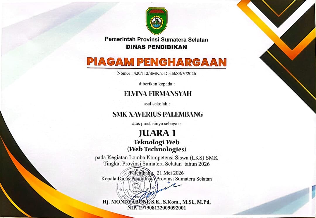 1st Place in the South Sumatra Provincial Student Skills Competition (LKS Dikmen) 2026 – Web Technologies