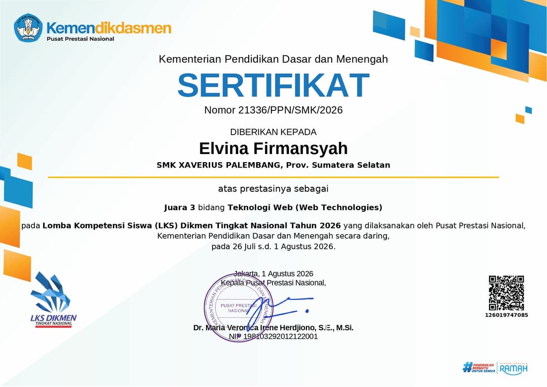 3rd Place in the National Student Skills Competition (LKS Dikmen) 2026 – Web Technologies